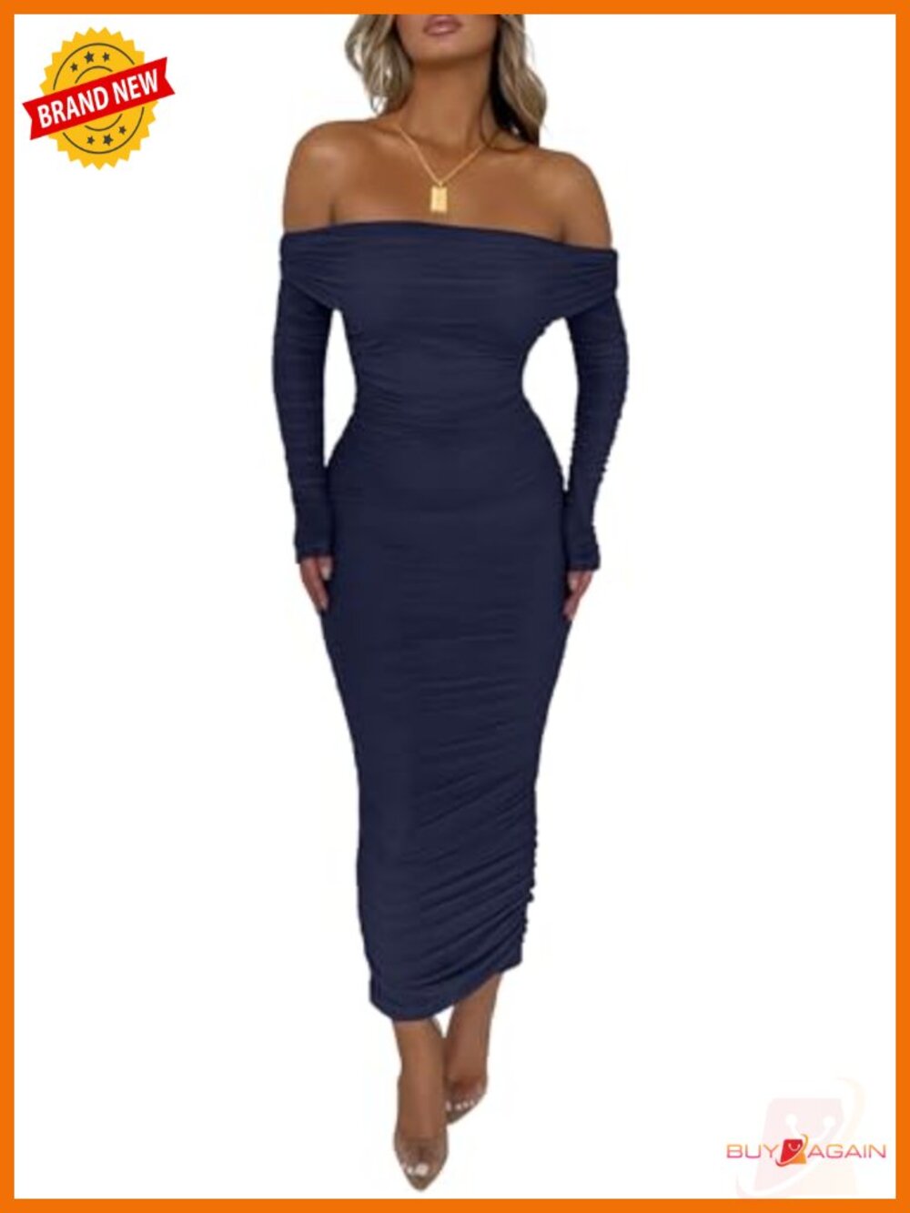 Off Shoulder Bodycon Maxi Dress Long Sleeve Ruched Slit Formal Wedding Guest